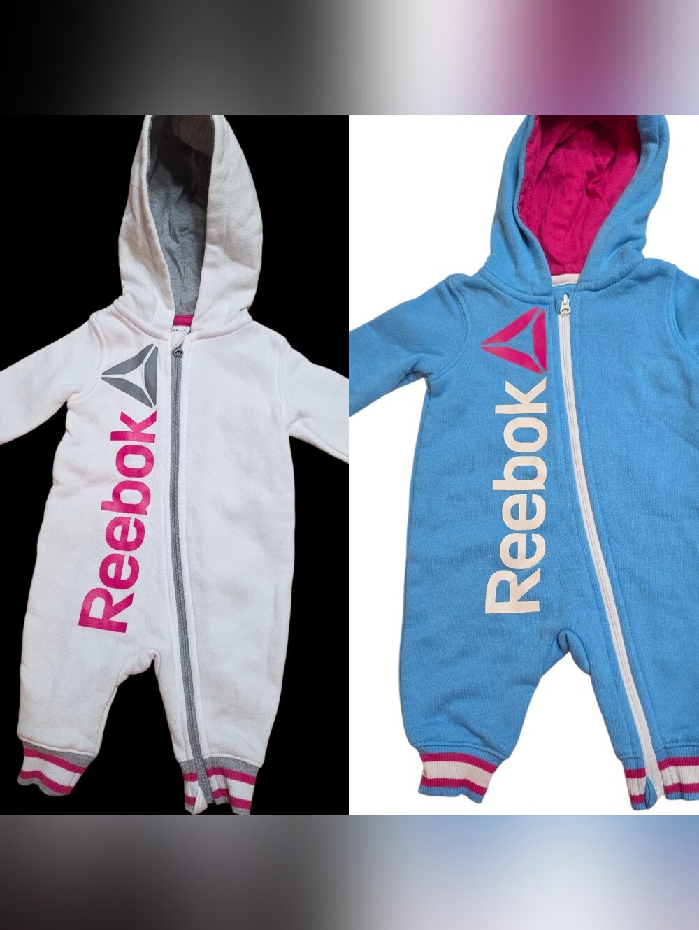 Reebok White and Blue Hooded Baby One-Piece Bodysuit with Logo